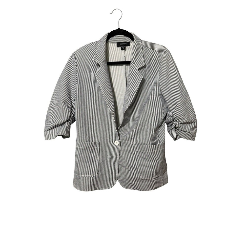 Karen Kane M Navy White Microstripe Ruched Sleeve Blazer Made USA Stretch